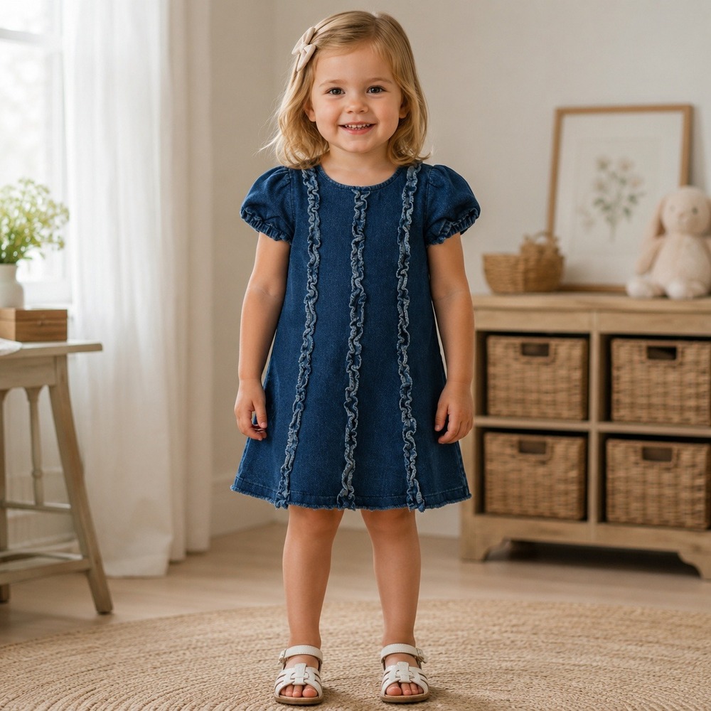 Habitual Girls 3T Blue Knit Denim Ruffle A-Line‎ Puff Sleeve Dress